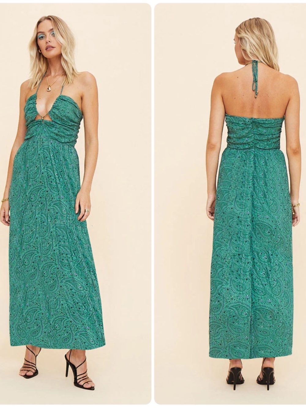 SUBOO - STELLA GATHERED TIE NECK DETAIL MIDI DRESS - GREEN PAISLEY